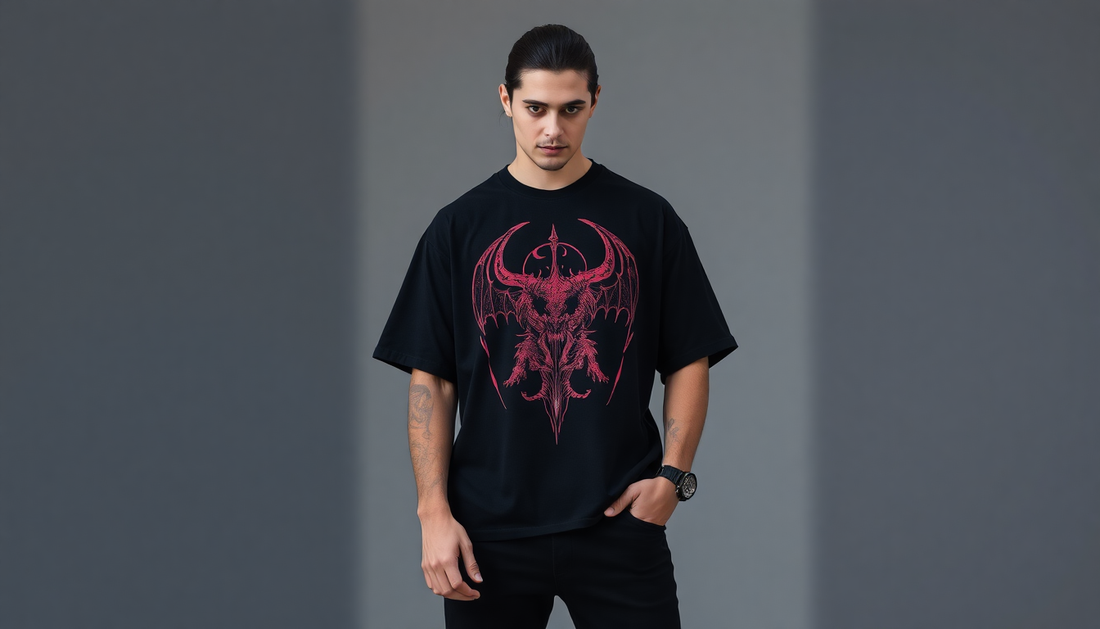 Young man wearing a black t-shirt with red demon design demonstrating how to style Demon Slayer t-shirts 2025