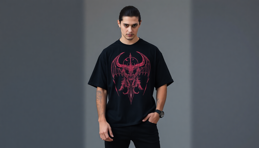 Young man wearing a black t-shirt with red demon design demonstrating how to style Demon Slayer t-shirts 2025