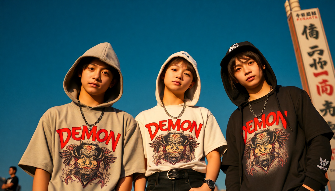 Three young people wearing best Demon Slayer t-shirts 2025 India with demon graphic designs and hoodies outdoors