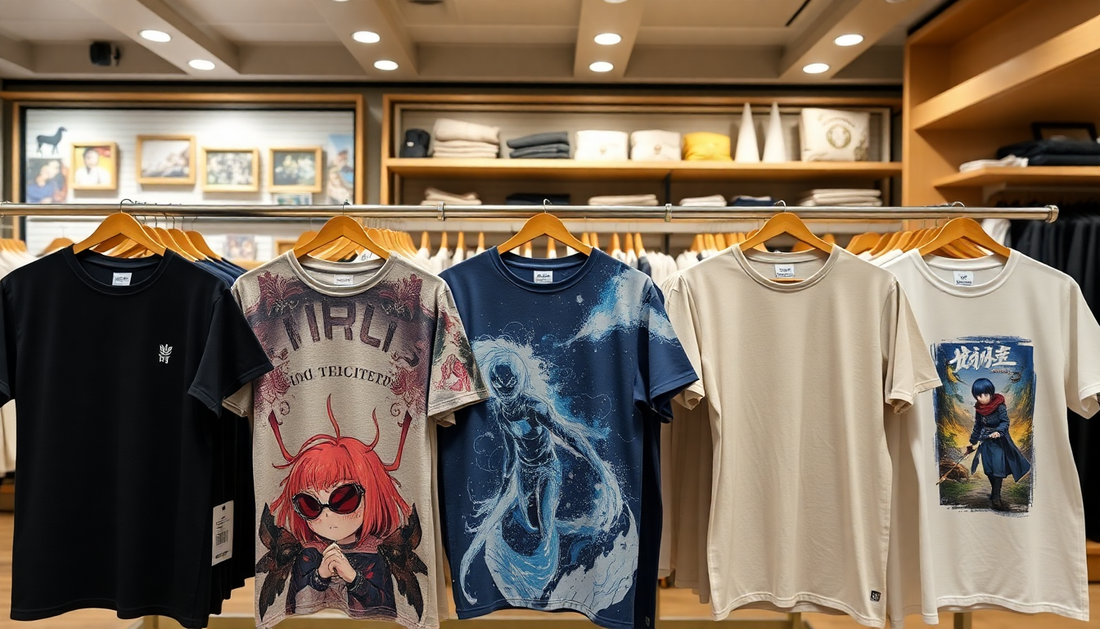 Display of various colorful streetwear tees hanging in a store illustrating how to choose quality streetwear tees online