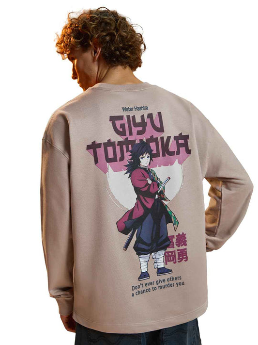 Beige Demon Slayer Giyu T-shirt with graphic print of Giyu Tomioka and quote on back