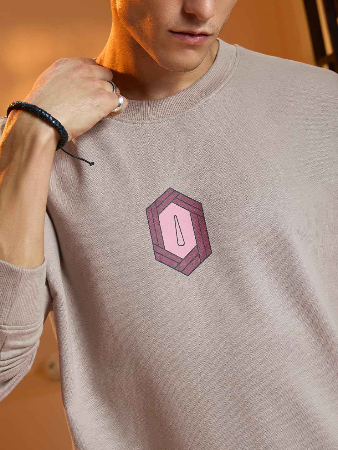 Beige Demon Slayer Giyu T-shirt featuring a small geometric emblem on chest worn by male model