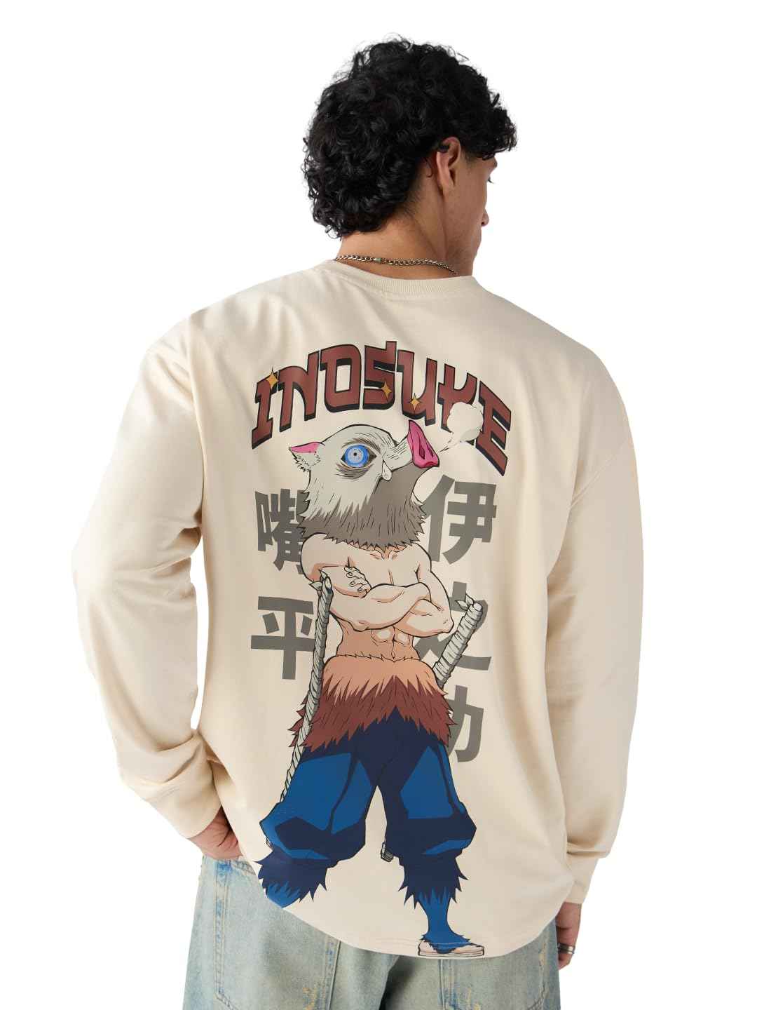 Beige Demon Slayer Inosuke t-shirt featuring large back graphic of Inosuke with boar mask and crossed arms