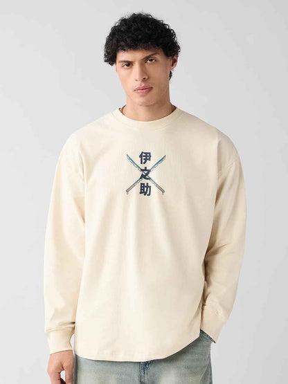 Cream long sleeve Demon Slayer Inosuke t-shirt with crossed swords graphic worn by male model