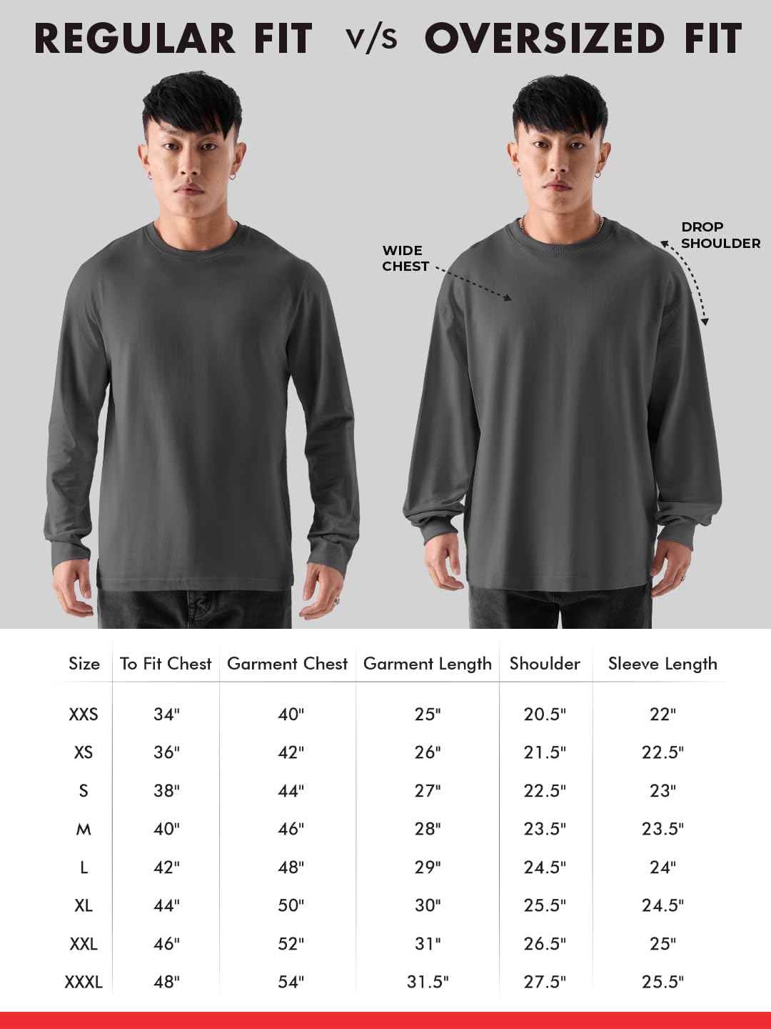 Comparison of Demon Slayer Inosuke t-shirt regular fit and oversized fit on male model with size chart details