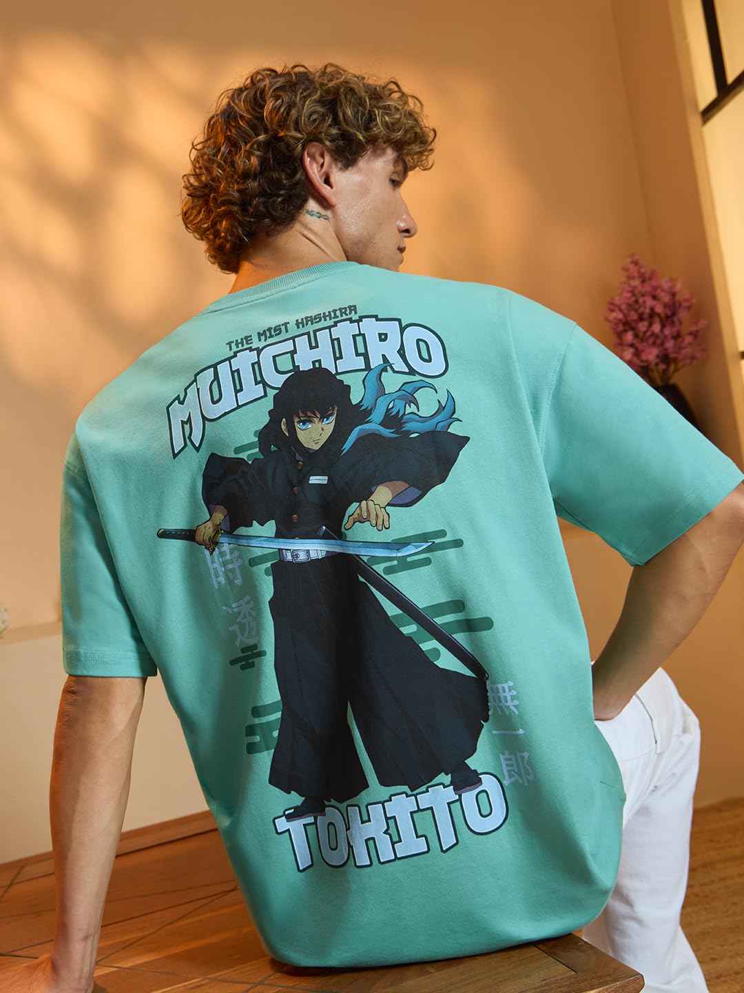 Demon Slayer Muichiro T-shirt in teal featuring Muichiro Tokito anime character print on back