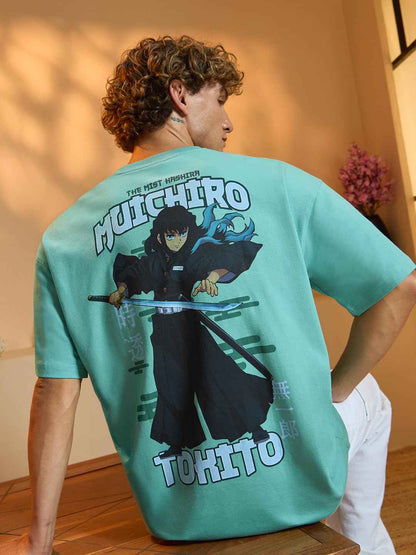 Demon Slayer Muichiro T-shirt in teal featuring Muichiro Tokito anime character print on back