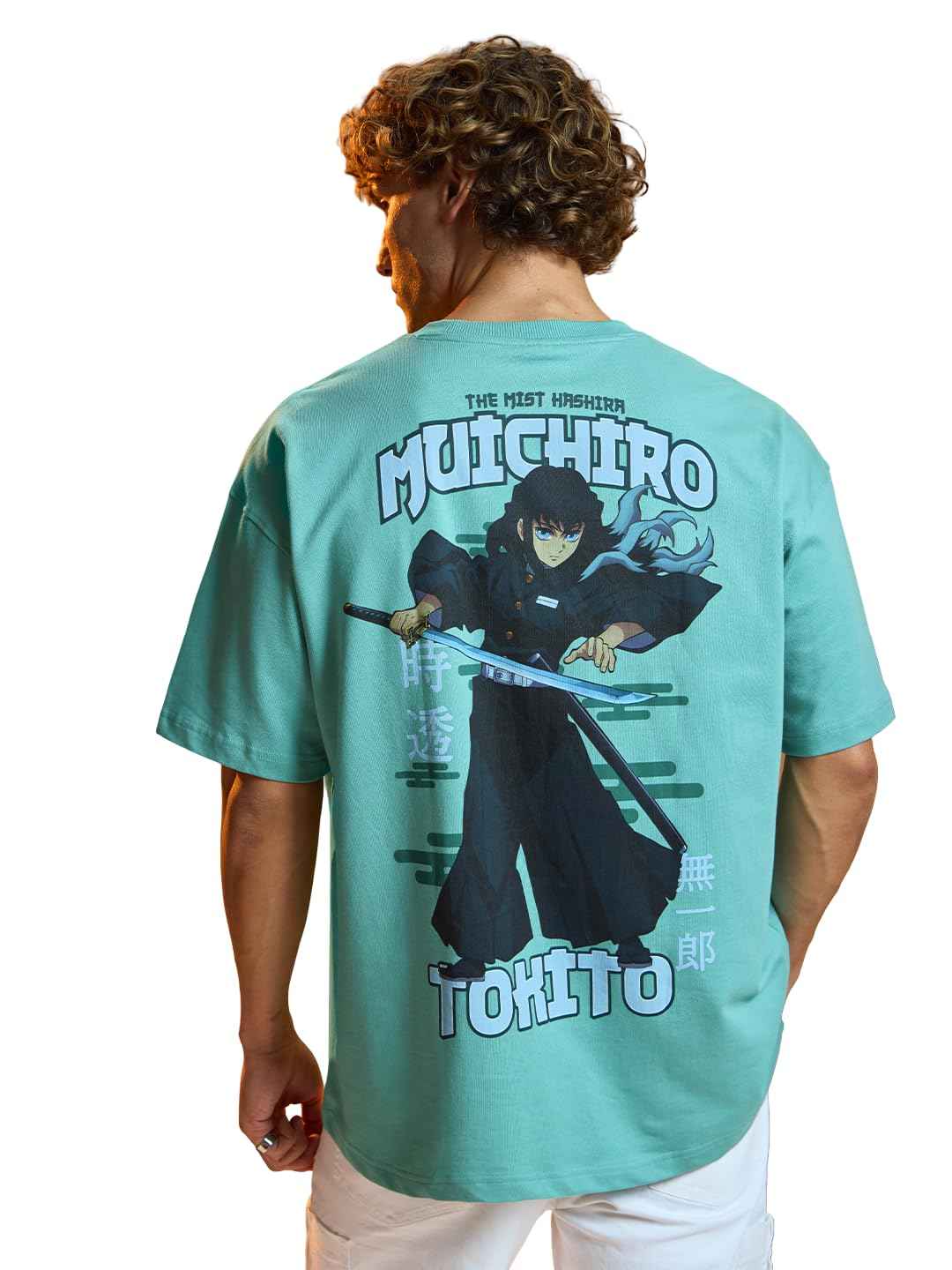 Mint green Demon Slayer Muichiro T-shirt featuring Muichiro Tokito graphic on the back