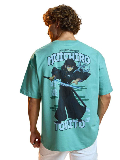 Mint green Demon Slayer Muichiro T-shirt featuring Muichiro Tokito graphic on the back
