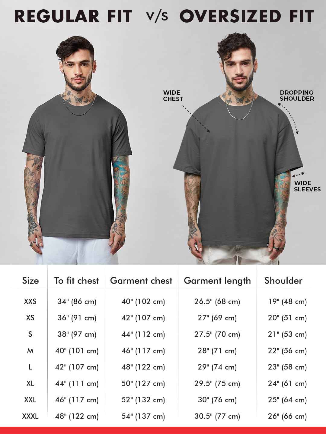 Comparison of regular fit versus oversized fit Demon Slayer Muichiro T-shirt on male models showing size details