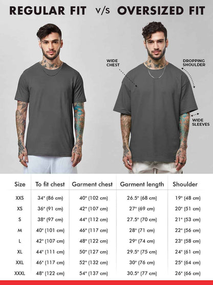 Comparison of regular fit versus oversized fit Demon Slayer Muichiro T-shirt on male models showing size details