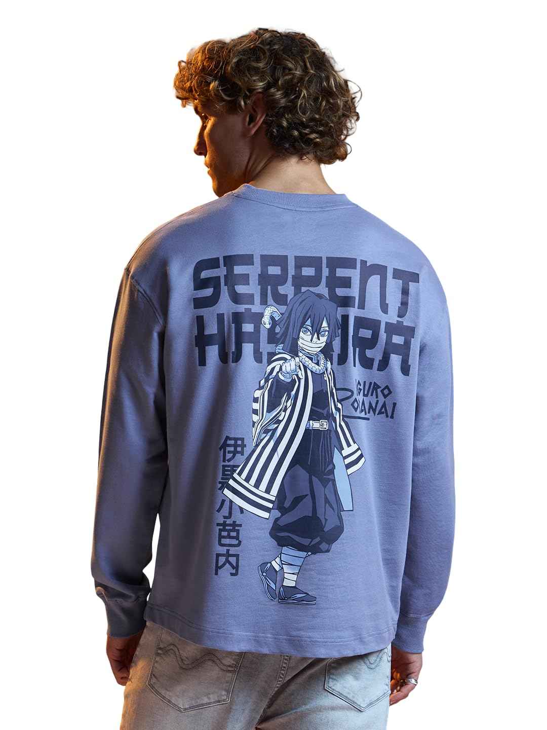 Back view of a man wearing a Demon Slayer Obanai T-Shirt with Serpent Hashira graphic design