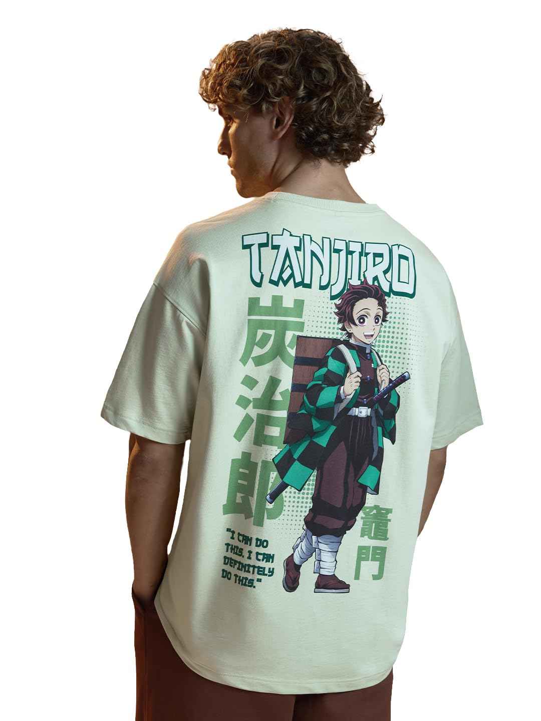 Back view of Demon Slayer Tanjiro T-shirt featuring Tanjiro Kamado graphic and Japanese text