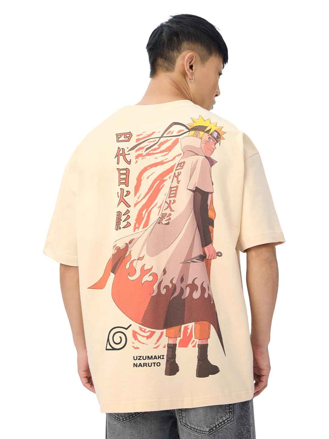 Naruto Shippuden oversized t-shirt featuring Uzumaki Naruto graphic on the back in light beige color