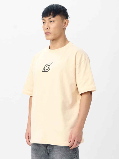 Men's Naruto Shippuden oversized t-shirt in beige with black Hidden Leaf Village symbol
