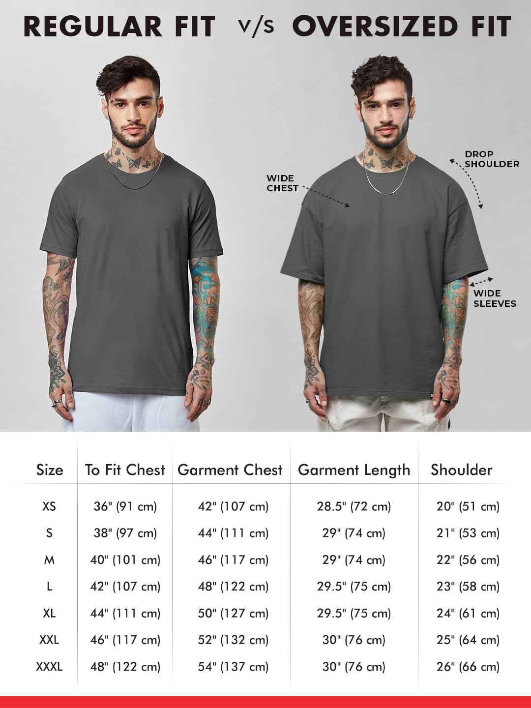 Comparison of regular fit and oversized fit Naruto Uchiha t-shirt for men with size chart and fit details